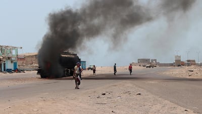 An oil tanker burns near Aden, Yemen. Wail Al Qubaty / AP Photo