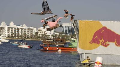 The Flying Stones Dubai Flugtag team launches into Dubai Creek in 2007. The event returns to Dubai on November 27. Courtesy Red Bull