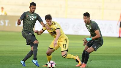 Al Wasl midfielder Ronaldo Mendes tries to evade Emirates defenders during their Arabian Gulf League match on Friday, March 10, 2017. Courtesy AGL