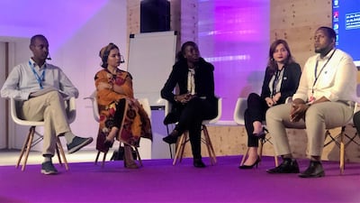 R-L: Mohamad Hassan, Hina, Jessy and Fatimah speak on a panel at the International Government Communication Forum in Sharjah on Wednesday. Sarwat Nasir / The National