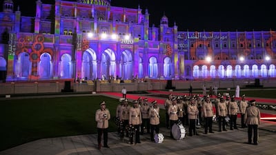 A band plays during the Sharjah City Municipality building during the Sharjah Light Festival's opening night. Reem Mohammed / The National: