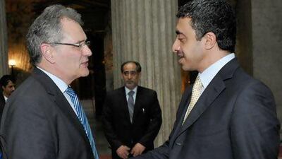 Sheikh Abdullah bin Zayed, the Foreign Minister, yesterday greets Edgar Meyer, the president of Austria's federal council. They discussed issues of parliamentary, economic and investment cooperation. Wam