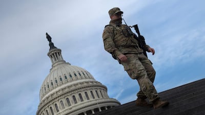 A member of the National Guard provides security at the US Capitol in Washington, DC. AFP
