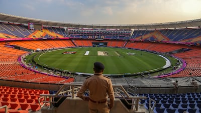 A security personnel stands guard at Narendra Modi Stadium in Ahmedabad on the eve of the India-Pakistan World Cup 2023 match. EPA