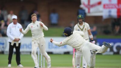 Ollie Pope catches out Rassie van der Dussen off the bowling of Joe Root. Getty