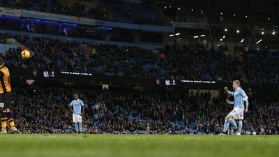 Manchester City’s Kevin De Bruyne scores their fourth goal from a free kick on Tuesday night in the League Cup at the Etihad Stadium. Phil Noble / Reuters