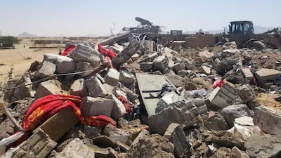 The rubble of a tribal leader's home that was destroyed in a missile attack by Houthis on October 28, 2021, in Al Jawba, Yemen. AFP