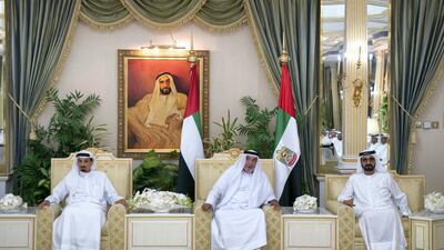 Sheikh Khalifa with Sheikh Mohammed bin Rashid, right, and Sheikh Humaid bin Rashid. Abdullah Al Junaibi for Ministry of Presidential Affairs