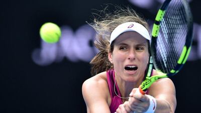 Britain's Johanna Konta plays a backhand return during her women's singles match against Russia's Ekaterina Makarova on day eight of the 2016 Australian Open tennis tournament in Melbourne on January 25, 2016. Peter Parks / AFP