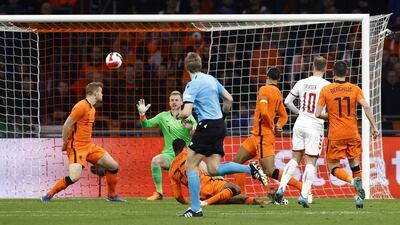 Christian Eriksen scores for Denmark against the Netherlands. AFP