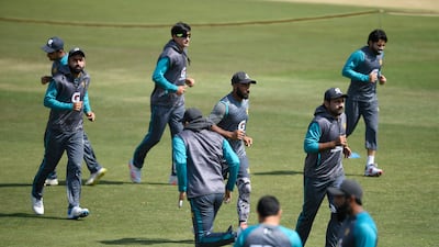 Pakistan's players during a practice session at the Rawalpindi Cricket Stadium. AFP