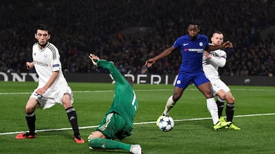 Chelsea's Michy Batshuayi, second right, was afforded a rare start in Tuesday night's 6-0 demolition of Qarabag in the Uefa Champions League. Dylan Martinez / Reuters
