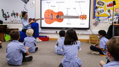 Pupils during a music class at British School Al Khubairat.