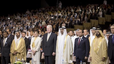 From left: Mohamed Nasheed, former president of the Maldives, Sheikh Saif bin Zayed Al Nahyan, Deputy Prime Minister and Minister of Interior, Dorrit Moussaieff, first lady of Iceland, Olafur Ragnar Grimsson, the president of Iceland, Sheikh Mohammed bin Zayed, Crown Prince of Abu Dhabi and Deputy Supreme Commander of the UAE Armed Forces, Abdel Fattah El Sisi, the president of Egypt, Sheikh Mohammed bin Rashid, Vice President and Ruler of Dubai and major general Gerald Grosvenor, the duke of Westminster, during the opening ceremonies. Mohamed Al Hammadi / Crown Prince Court - Abu Dhabi
