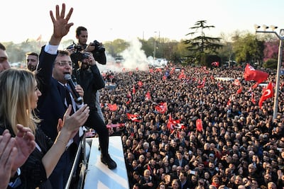 Newly elected Mayor of Istanbul Ekrem Imamoglu of the main opposition Republican People's Party (CHP) addresses his supporters in front of Istanbul Municipality after taking office. Getty Images