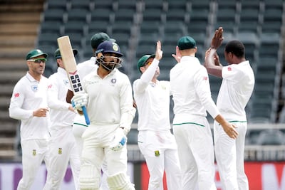 South Africa seamer Kagiso Rabada, right, took three India wickets at Johannesburg on Wednesday. Gianluigi Guercia / AFP