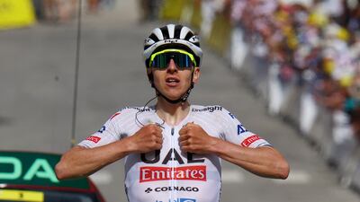 UAE Team Emirates' Tadej Pogacar celebrates his victory. Reuters