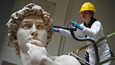 Michelangelo’s David undergoes cleaning operations and biannual maintenance at the Accademia Gallery in Florence, Italy, on February 29, 2016. The marble statue was created between 1501 and 1504. Maurizio Degl’ Innocenti / ANSA via AP