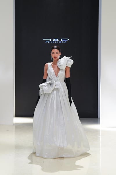 A silver ballgown by Jap Petelicka for autumn / winter 2021, as part of Arab Fashion Week. Courtesy Jap Petelicka