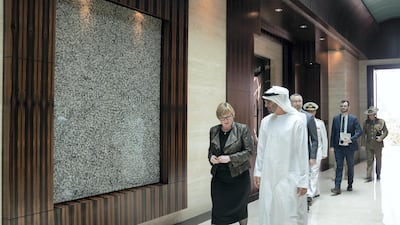 Sheikh Mohamed bin Zayed, Crown Prince of Abu Dhabi and Deputy Supreme Commander of the UAE Armed Forces, receives Linda Reynolds, Minister of Defence of Australia, at Al Shati Palace in Abu Dhabi on Sunday. Mohamed Al Hammadi / Ministry of Presidential Affairs