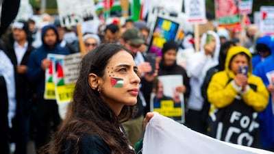 People in Dearborn, Michigan, which has large Arab and Muslim-American communities, hold a protest in support of Palestinians. Getty Images