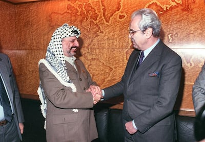 Palestinian Liberation Organisation leader Yasser Arafat, left, meets with UN General Secretary Javier Perez de Cuellar in Geneva in 1988, for a meeting on Palestine. AFP