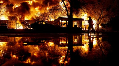 A recycling centre in Kyiv, Ukraine, burns after it was hit by a Russian missile. Reuters