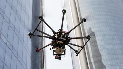 Technometer Middle East use drone technology with thermal camera to inspect the exterior of Etihad Towers in Abu Dhabi. Christopher Pike / The National