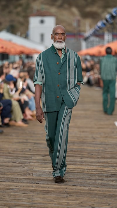 Asymmetric stripes on algae green, from Zegna's spring/summer 2027 collection. Photo: Zegna
