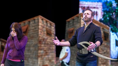 Al Faris will be staged from Wednesday to Saturday from 6pm at the Sheikh Rashid Hall in Dubai World Trade Centre. Above, the cast during rehearsals. Victor Besa for The National