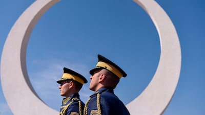 Members of the Kosovo Security Force (KSF) stand guard as they take part on in the inauguration of a memorial complex in the village of Marina, dedicated to the 157 Kosovo Liberation Army. AFP