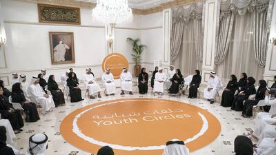 Sheikh Mohamed bin Zayed, Crown Prince of Abu Dhabi, attends a 'Youth Circle' hosted by the Federal Youth Authority. Hamad Al Kaabi / Crown Prince Court