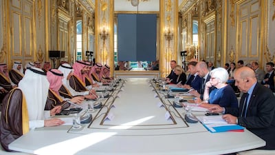 Saudi Crown Prince Mohammed bin Salman holds talks with French President Emmanuel Macron in Paris. Photo: SPA