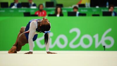 Simone Biles of the United States competes on the floor during the women’s gymnastics individual all-around final at the 2016 Rio Olympics at Rio Olympic Arena on August 11, 2016 in Rio de Janeiro, Brazil. Alex Livesey / Getty Images