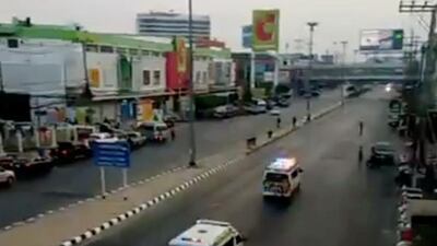 Emergency vehicles drive through Nakhon Ratchasima, Thailand after the mass shooting on February 8, 2020. via Reuters