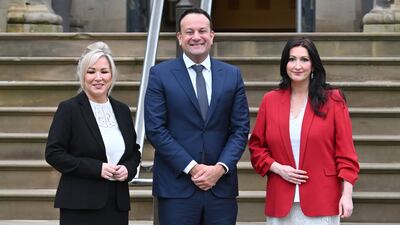 Michelle O'Neill, First Minister of Northern Ireland, Mr Varadkar and Emma Little-Pengelly, Deputy First Minister, at Stormont Castle in Belfast in February 2024. Getty Images