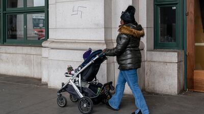 A hand-drawn swastika is seen on the front of Union Station near the Capitol in Washington, Friday, Jan. 28, 2022. (AP Photo/J. Scott Applewhite)