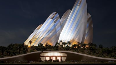 A computer-generated image of how the the Zayed National Museum’s front view will look at night when it is opened on Saadiyat Island in Abu Dhabi. The design received an environmental award yesterday. Courtesy TDIC
