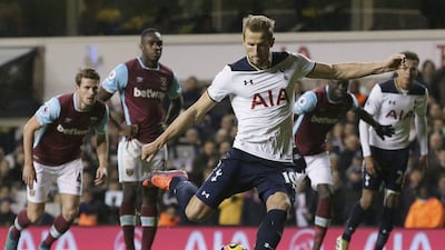 Tottenham's Harry Kane scores a penalty during the English Premier League match against West Ham United at White Hart Lane in London, Saturday November 19, 2016. Tim Ireland / AP Photo