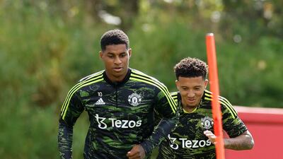Manchester United's Jadon Sancho and Marcus Rashford during training. Reuters