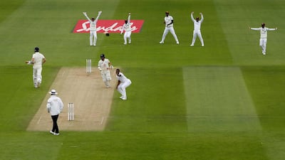 Shannon Gabriel of the West Indies successfully appeals for the wicket of England opener Rory Burns. AFP