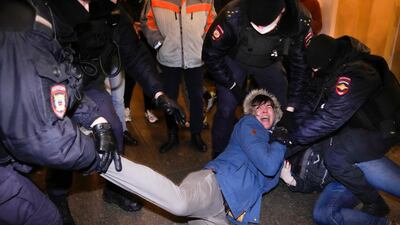 Police officers detain demonstrators in St. Petersburg, Russia. Hundreds of people gathered in Moscow and St. Petersburg on Thursday, protesting against Russia's attack on Ukraine. Similar protests took place in other Russian cities, and activists were also arrested. AP Photo