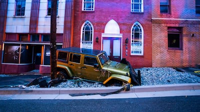 Damage on Main Street after a flash flood rushed through the historic town of Ellicott City, Maryland, USA, 27 May 2018. The National Weather Service stated as much as 9.5 inches of rain fell in the area. Jim Lo Scalzo / EPA