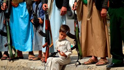 Supporters of the Houthi rebels demonstrate in Sanaa on June 25, 2018, in support of fellow Houthis engaged in battles against Yemeni government forces and the Arab coalition in Hodeidah. Mohammed Huwais / AFP