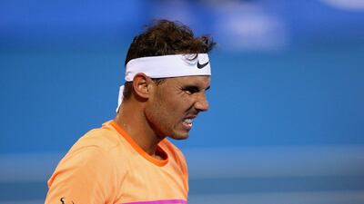 Rafael Nadal reacts during his win over Milos Raonic on the second day of the Mubadala World Tennis Championship at Zayed Sport City in Abu Dhabi on December 30, 2016. Francois Nel / Getty Images
