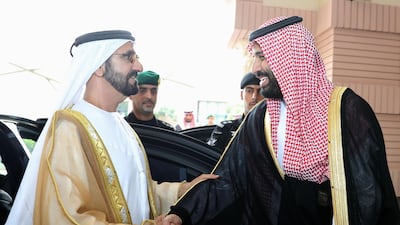 Saudi Crown Prince Mohammed bin Salman receives Sheikh Mohammed bin Rashid, Vice President and Ruler of Dubai amid his visit to the Future Investment Initiative in Riyadh. Wam