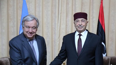 Aguila Saleh, Libya's parliament president, shakes hand with Secretary General of the United Nations Antonio Guterres in Tobruk last week. Libyan parliament media office/Handout