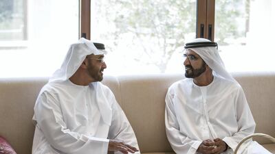 Sheikh Mohammed bin Rashid, Vice President and Ruler of Dubai, right, talks to Sheikh Mohammed bin Zayed, Crown Prince of Abu Dhabi and Deputy Supreme Commander of the UAE Armed Forces in Al Margham, Dubai. Ryan Carter / Crown Prince Court - Abu Dhabi