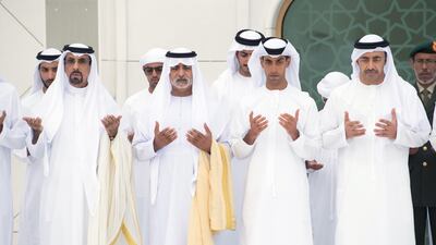 Dr Mohamed Saeed Al Badi, Sheikh Nahyan bin Mubarak, Sheikh Khaled bin Zayed and Sheikh Abdullah bin Zayed after Eid Al Adha prayers. Hamad Al Kaabi / Crown Prince Court - Abu Dhabi