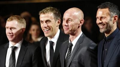 From left, Paul Scholes, Phil Neville, Nicky Butt and Ryan Giggs took to the pitch against a team they owned but the result did not go in their favour. Tal Cohen / EPA